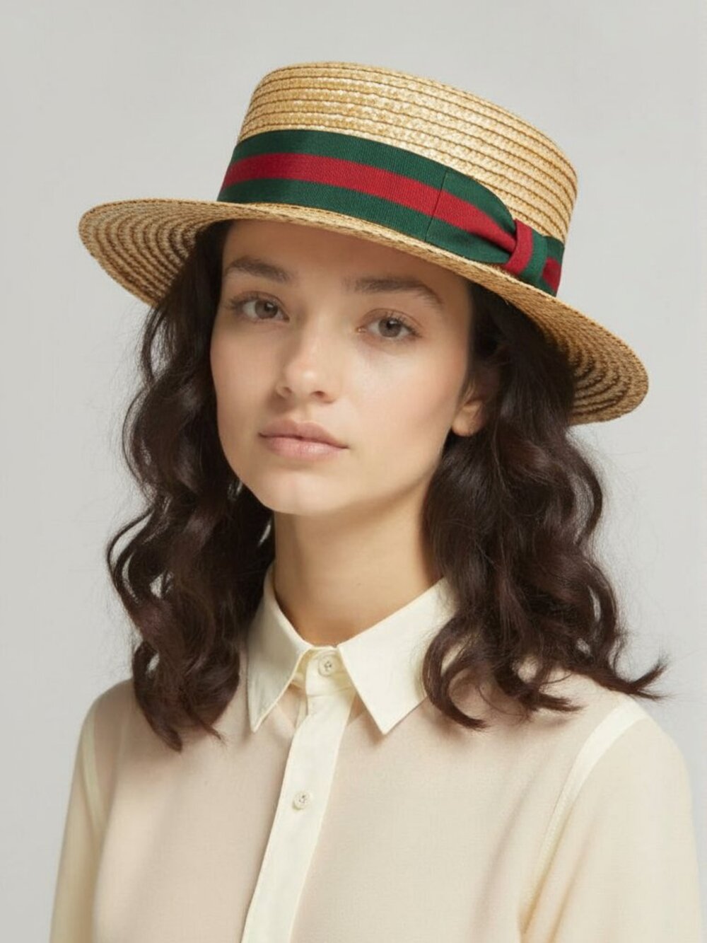 New Bruno Capelo Boater Italia Natural Straw Hat Green Red Ribbon S/M